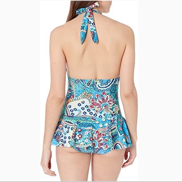 NEW Chaps Blue Paisley Print Skirted Halter One Piece Swimsuit Size 10 - Picture 2 of 6